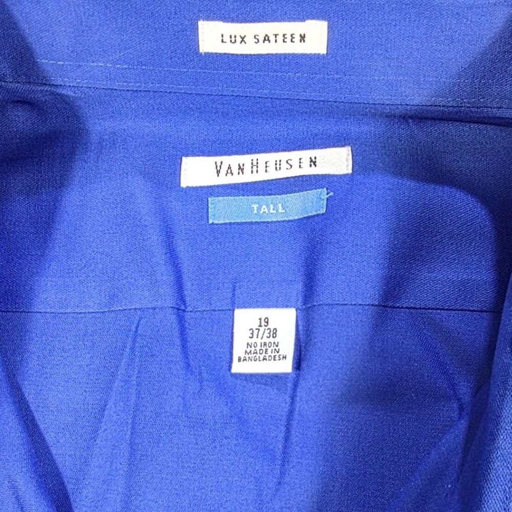 Van Heusen Lux Sateen Dress Shirt Mens 19 37/38 Tall Royal Blue NoIron Button Up - Picture 4 of 6